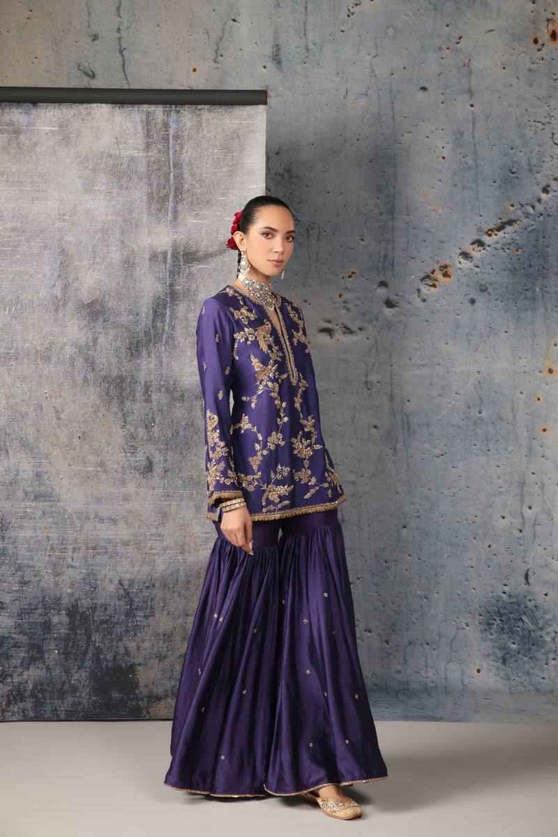 Zar-Rang Purple Jaal Sharara Set silk chanderi kurta/kurta set by Niti Bothra in purple for women Worldwide