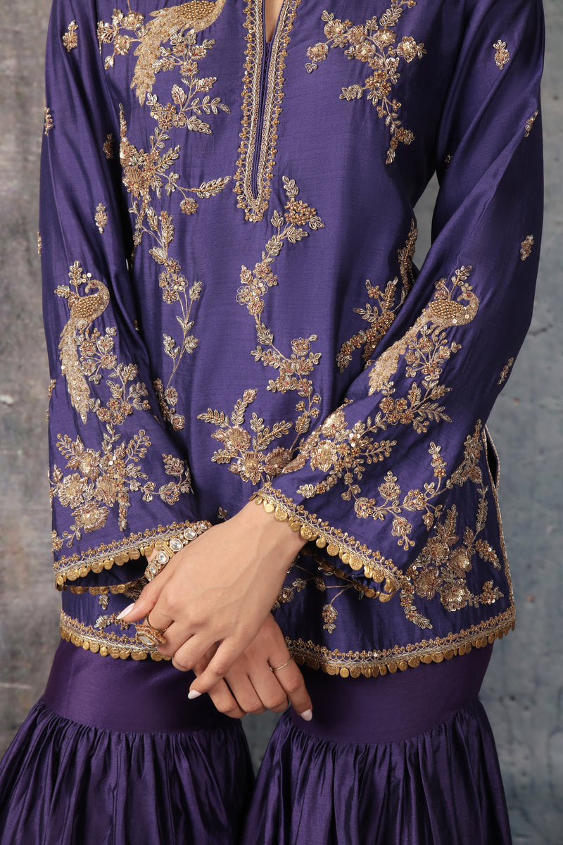 Zar-Rang Purple Jaal Sharara Set silk chanderi kurta/kurta set by Niti Bothra in purple for women Worldwide