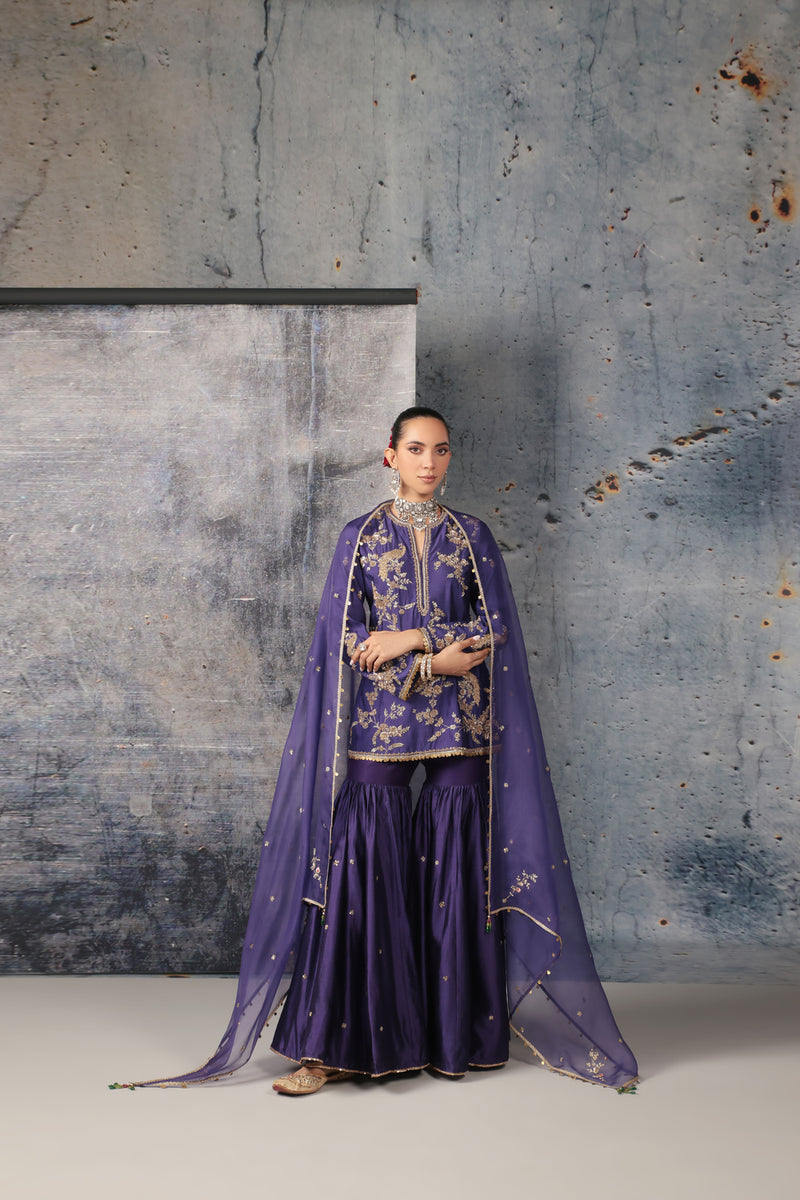 Zar-Rang Purple Jaal Sharara Set silk chanderi kurta/kurta set by Niti Bothra in purple for women Worldwide