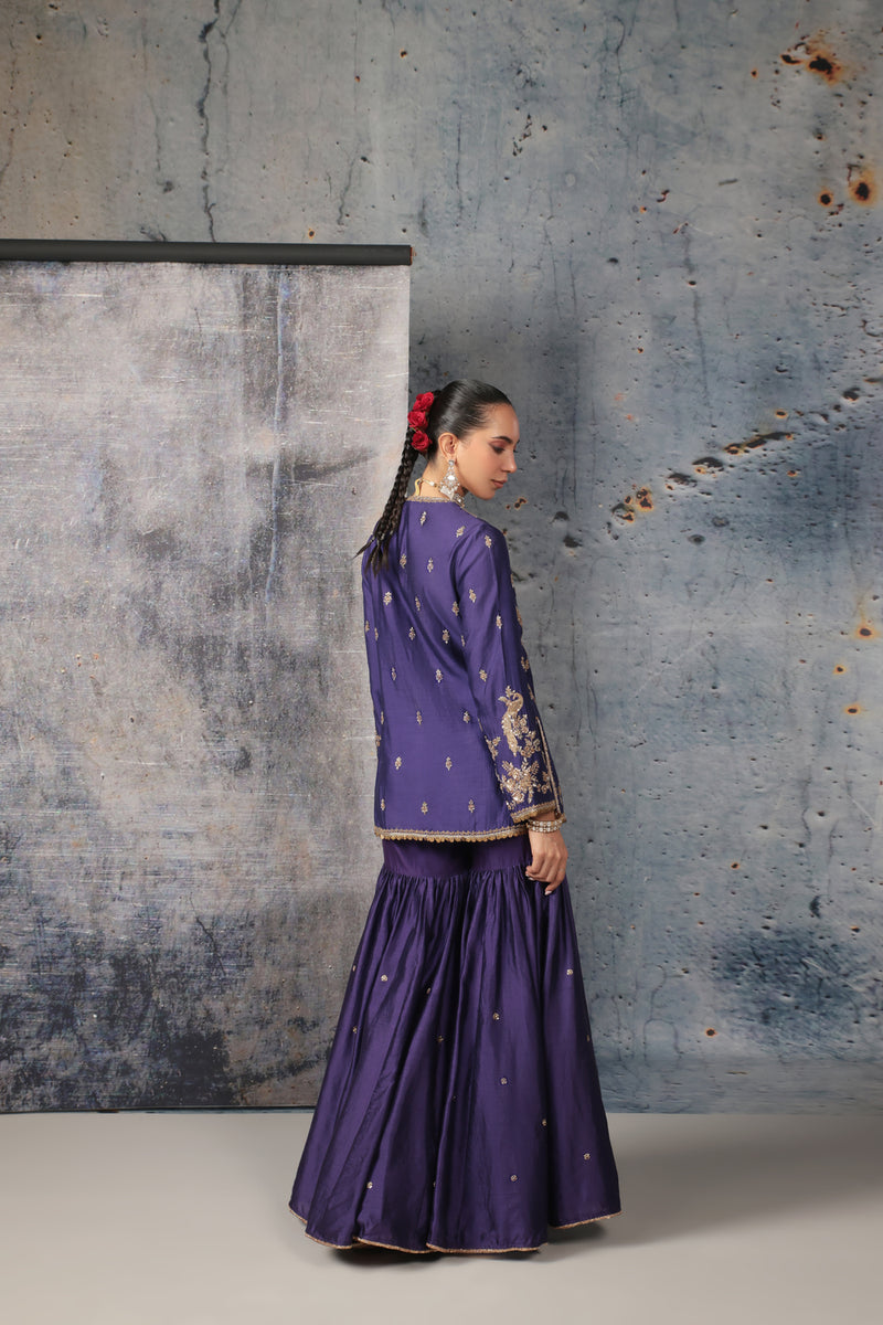 Zar-Rang Purple Jaal Sharara Set silk chanderi kurta/kurta set by Niti Bothra in purple for women Worldwide