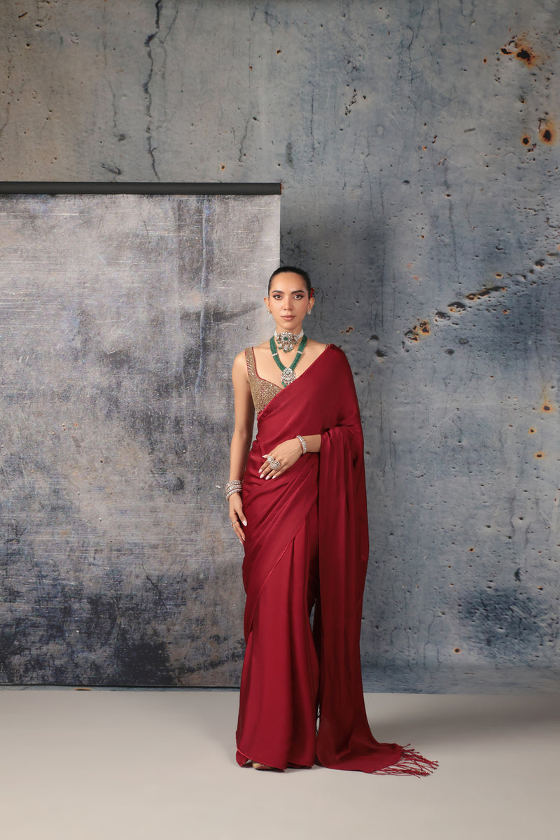 Zar-Rang Maroon Fringe Saree Set bemberg satin, kora silk sarees by Niti Bothra in maroon for women Worldwide