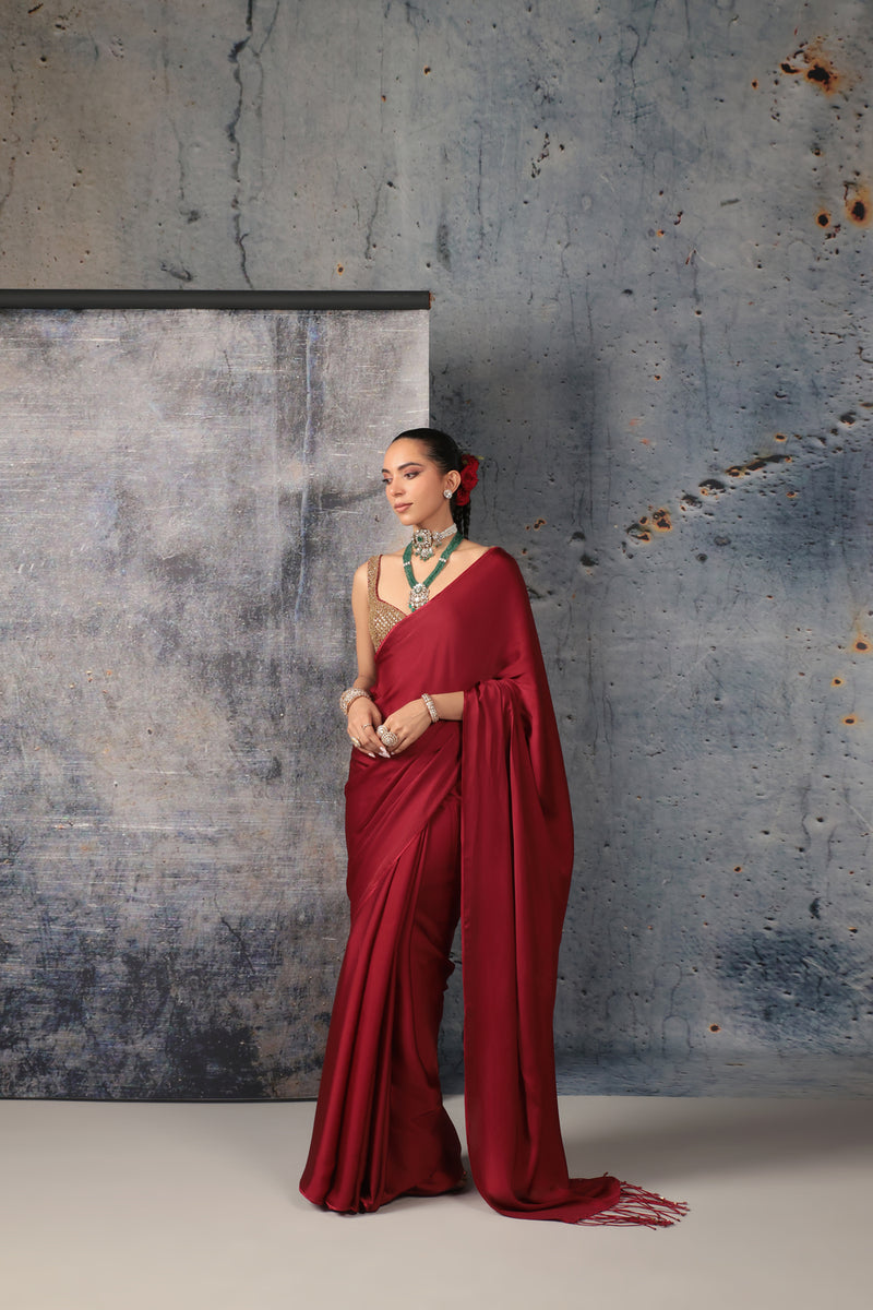 Zar-Rang Maroon Fringe Saree Set bemberg satin, kora silk sarees by Niti Bothra in maroon for women Worldwide