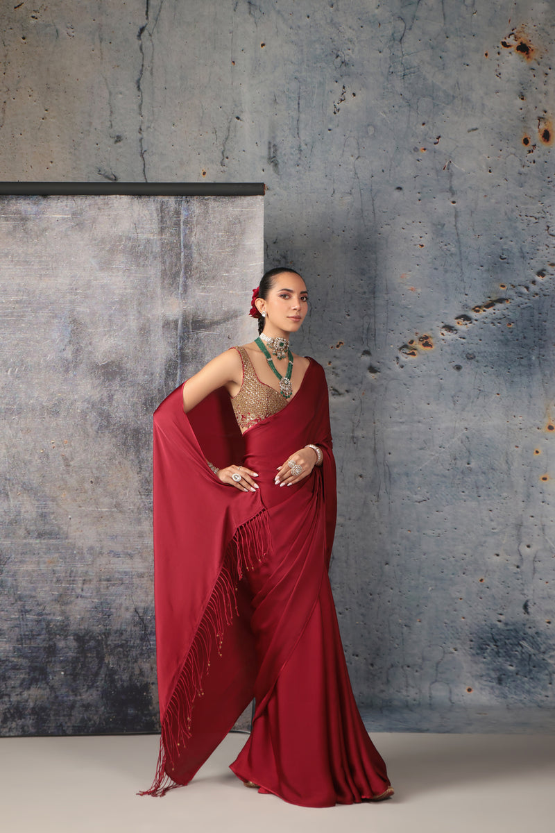 Zar-Rang Maroon Fringe Saree Set bemberg satin, kora silk sarees by Niti Bothra in maroon for women Worldwide