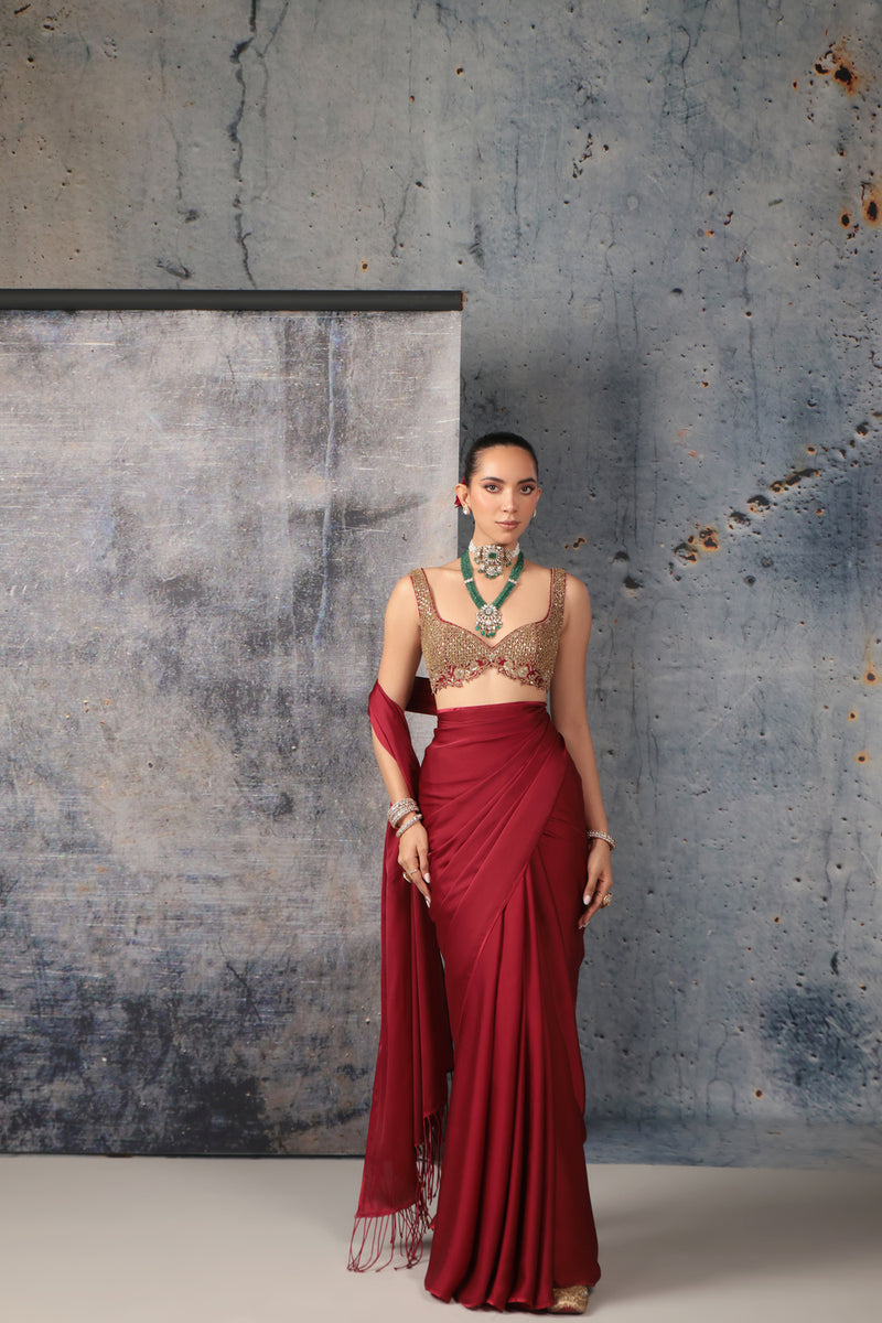 Zar-Rang Maroon Fringe Saree Set bemberg satin, kora silk sarees by Niti Bothra in maroon for women Worldwide