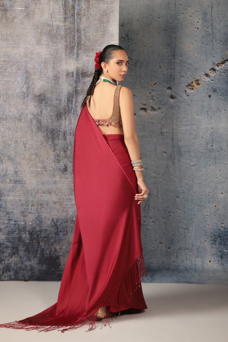 Zar-Rang Maroon Fringe Saree Set bemberg satin, kora silk sarees by Niti Bothra in maroon for women Worldwide