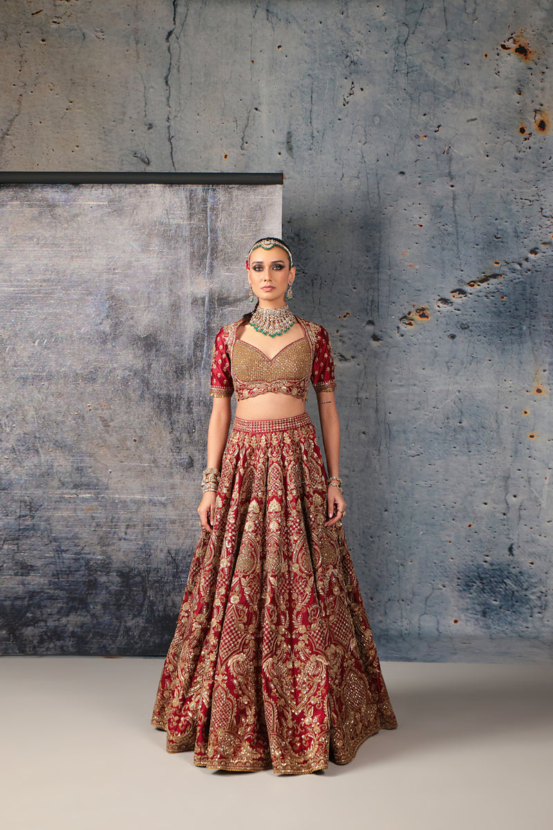 Zar-Rang Maroon Heavy Jaal Lehenga Set kora silk silk, organza lehenga sets by Niti Bothra in maroon for women Worldwide