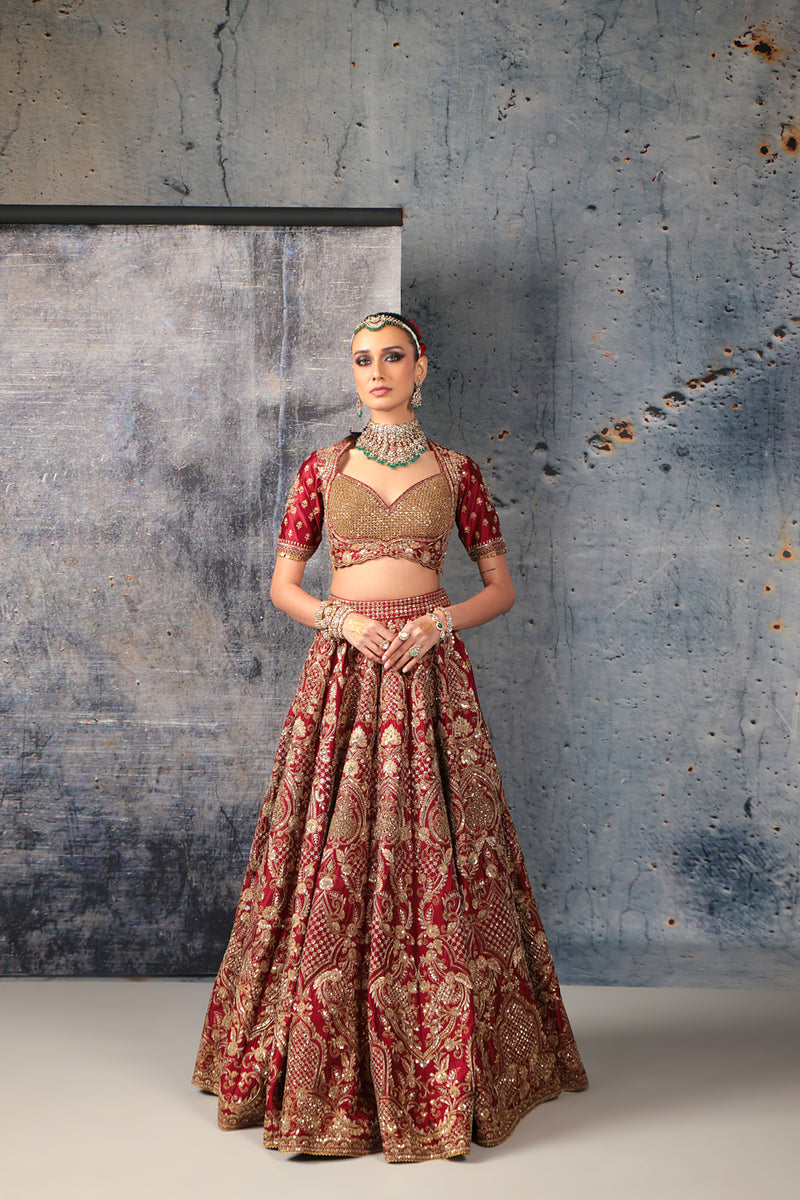 Zar-Rang Maroon Heavy Jaal Lehenga Set kora silk silk, organza lehenga sets by Niti Bothra in maroon for women Worldwide