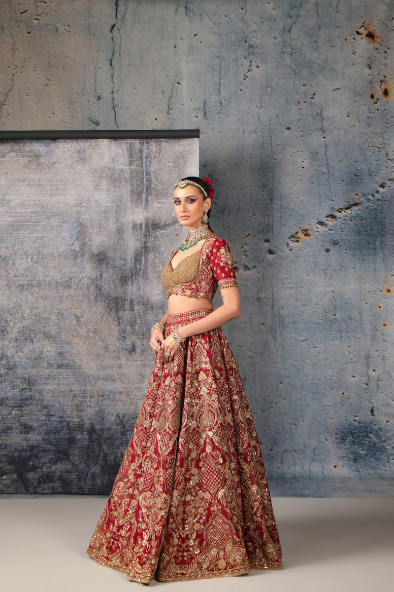 Zar-Rang Maroon Heavy Jaal Lehenga Set kora silk silk, organza lehenga sets by Niti Bothra in maroon for women Worldwide