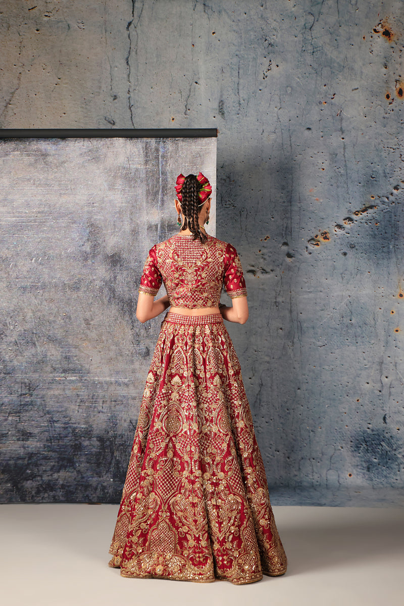 Zar-Rang Maroon Heavy Jaal Lehenga Set kora silk silk, organza lehenga sets by Niti Bothra in maroon for women Worldwide
