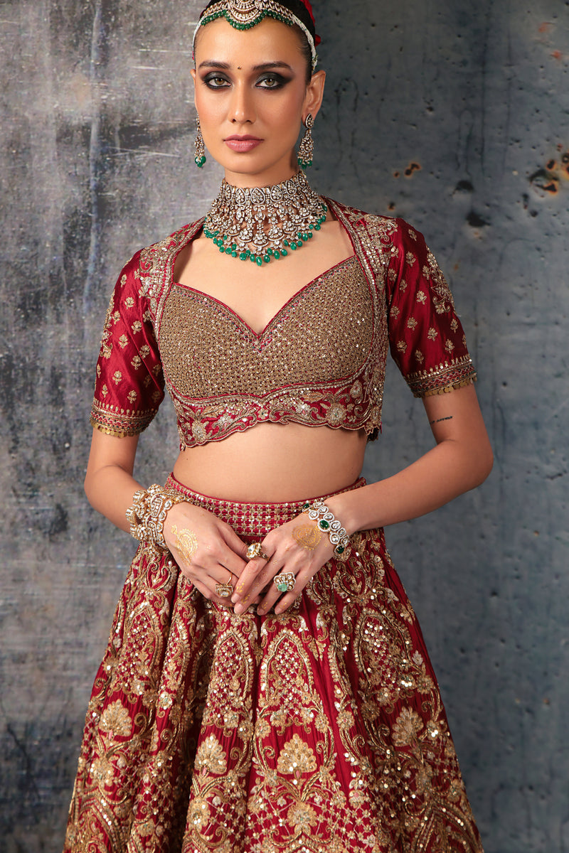Zar-Rang Maroon Heavy Jaal Lehenga Set kora silk silk, organza lehenga sets by Niti Bothra in maroon for women Worldwide