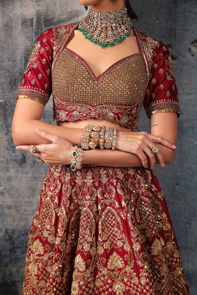 Zar-Rang Maroon Heavy Jaal Lehenga Set kora silk silk, organza lehenga sets by Niti Bothra in maroon for women Worldwide