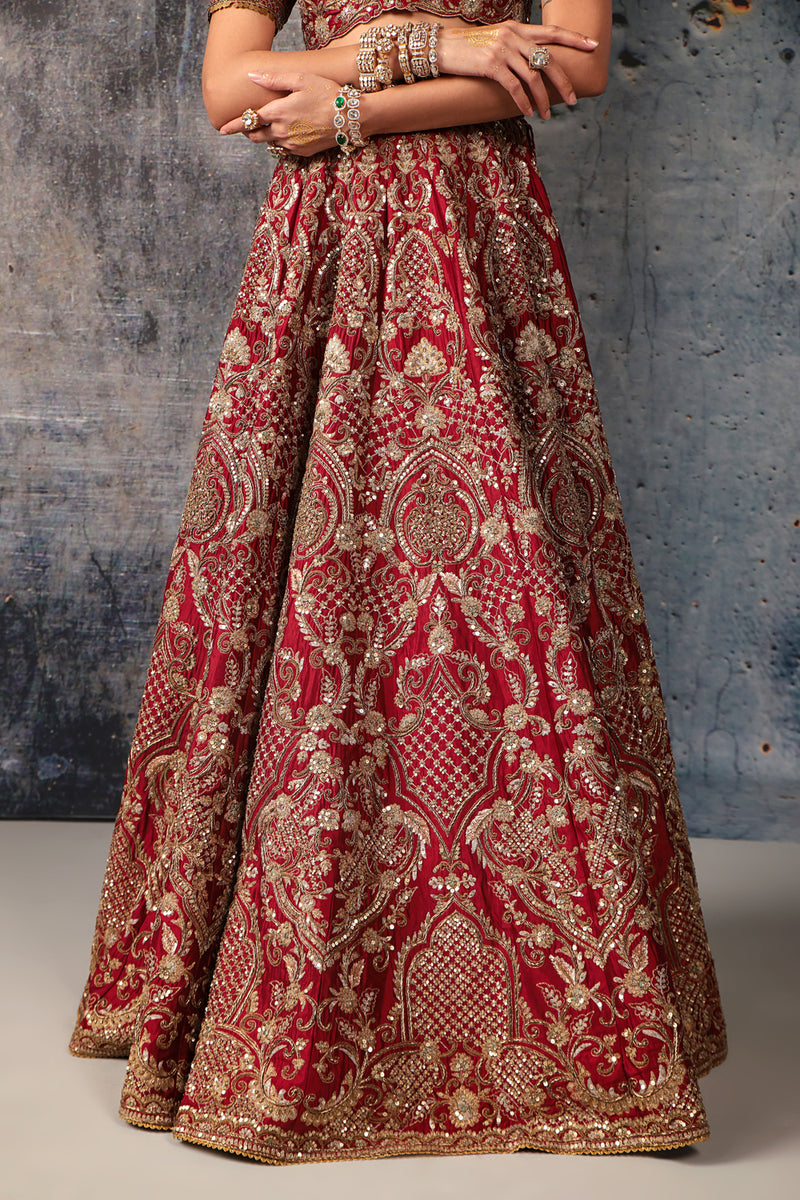 Zar-Rang Maroon Heavy Jaal Lehenga Set kora silk silk, organza lehenga sets by Niti Bothra in maroon for women Worldwide