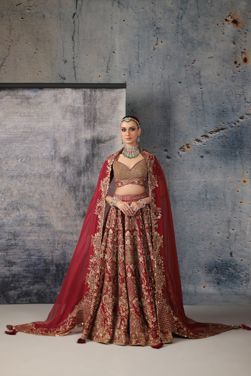 Zar-Rang Maroon Heavy Jaal Lehenga Set kora silk silk, organza lehenga sets by Niti Bothra in maroon for women Worldwide
