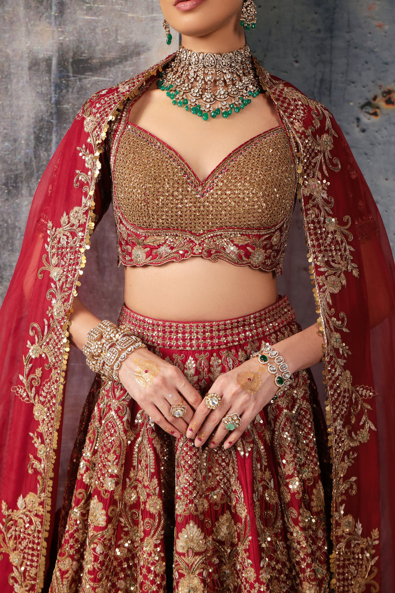 Zar-Rang Maroon Heavy Jaal Lehenga Set kora silk silk, organza lehenga sets by Niti Bothra in maroon for women Worldwide