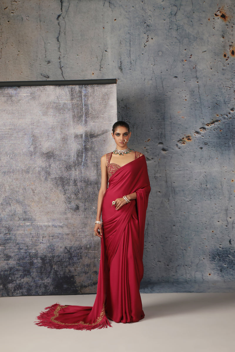 Zar-Rang Maroon Heavy Fringe Saree Set bemberg satin &chiniya silk sarees by Niti Bothra in maroon for women Worldwide