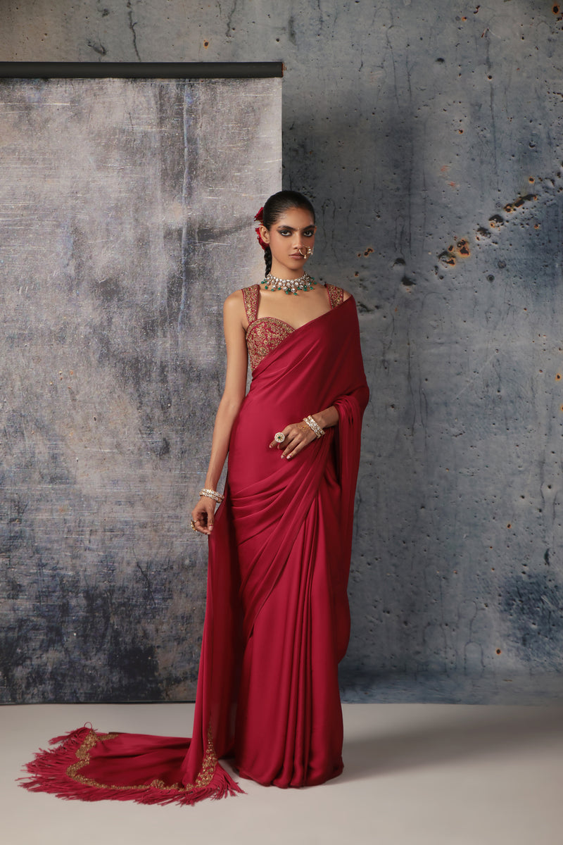 Zar-Rang Maroon Heavy Fringe Saree Set bemberg satin &chiniya silk sarees by Niti Bothra in maroon for women Worldwide