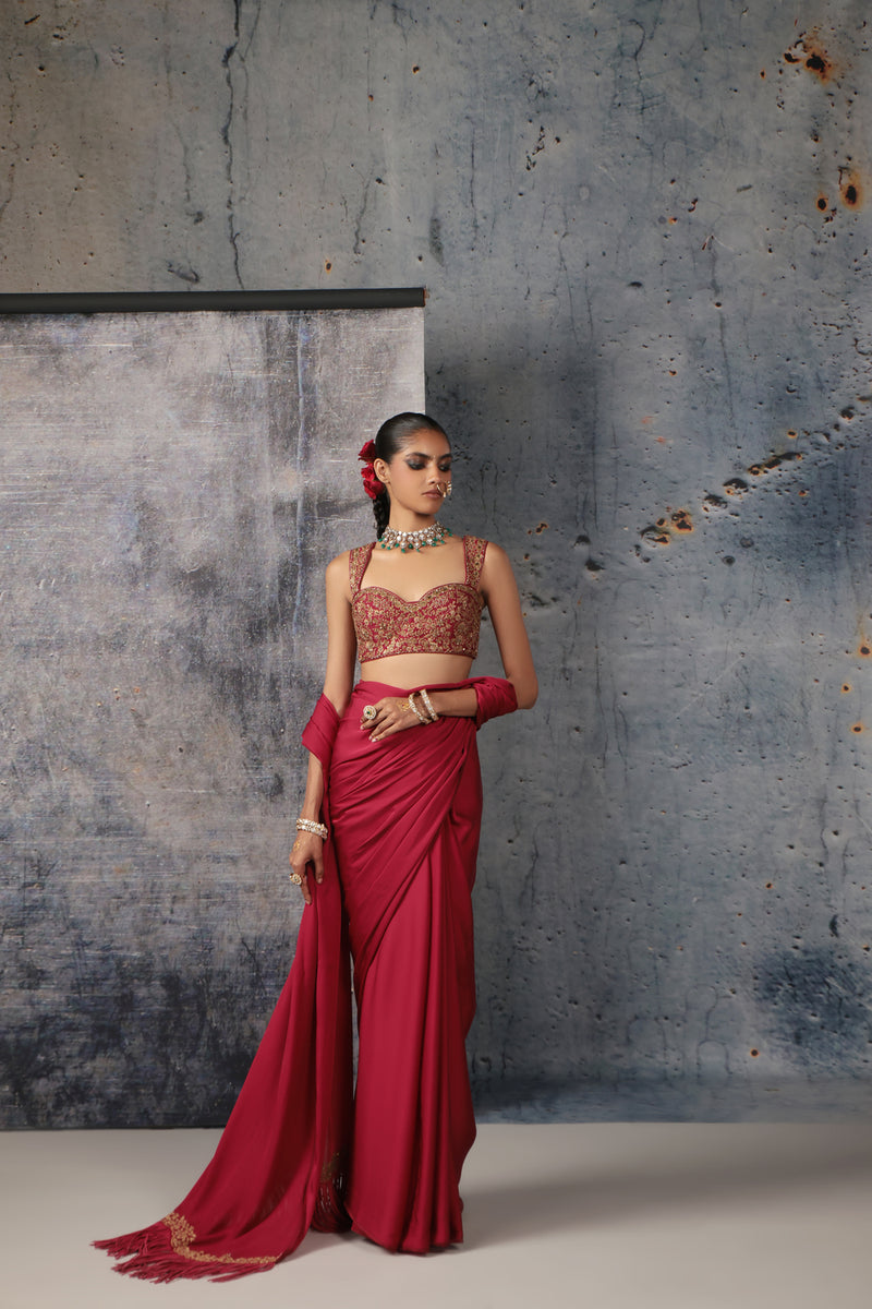 Zar-Rang Maroon Heavy Fringe Saree Set bemberg satin &chiniya silk sarees by Niti Bothra in maroon for women Worldwide