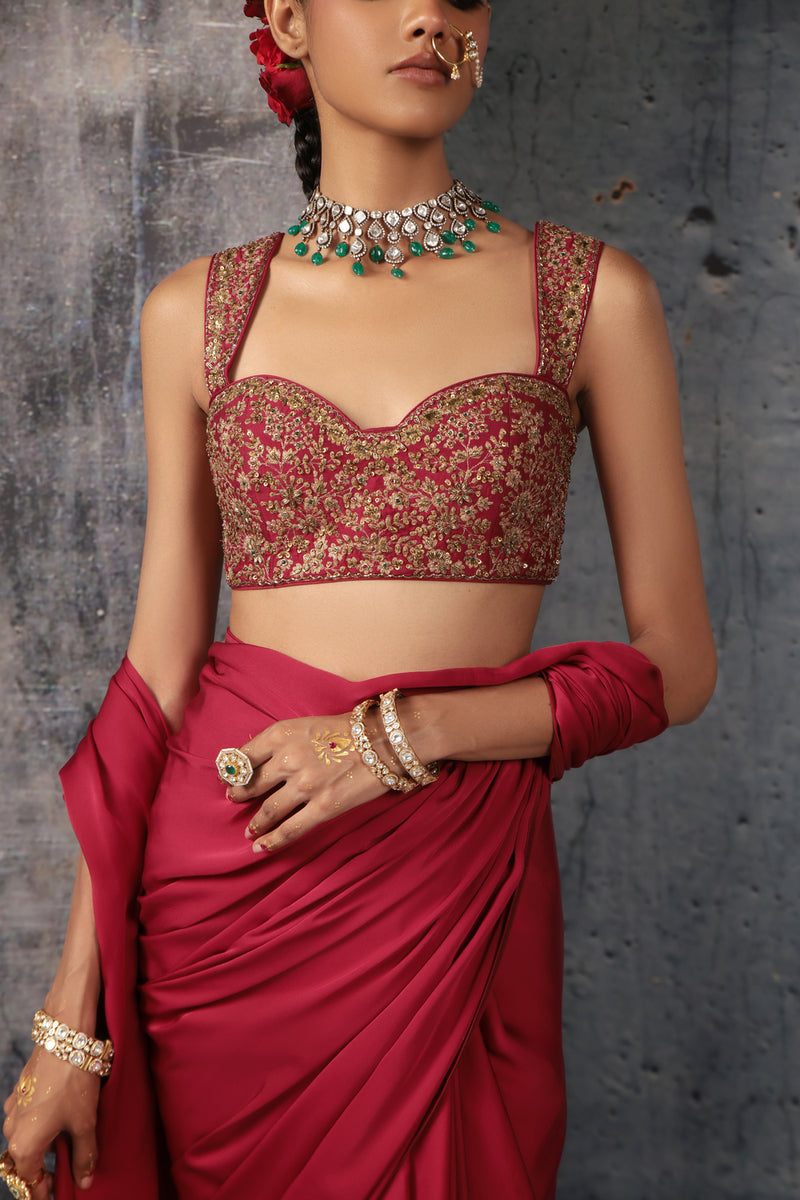 Zar-Rang Maroon Heavy Fringe Saree Set bemberg satin &chiniya silk sarees by Niti Bothra in maroon for women Worldwide