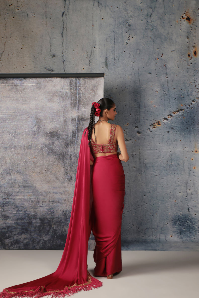 Zar-Rang Maroon Heavy Fringe Saree Set bemberg satin &chiniya silk sarees by Niti Bothra in maroon for women Worldwide