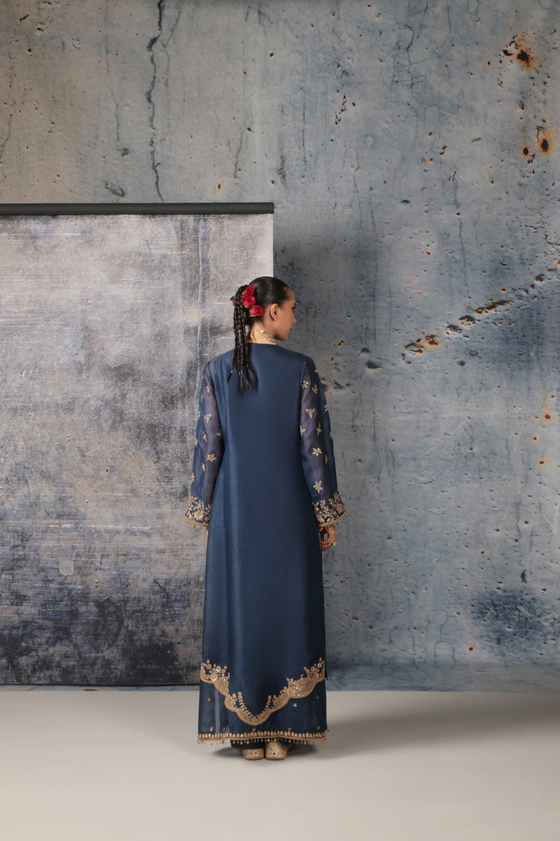 Zar-Rang Blue Long Jaal Kurta Set organza, silk tencel kurta/kurta set by Niti Bothra in blue for women Worldwide