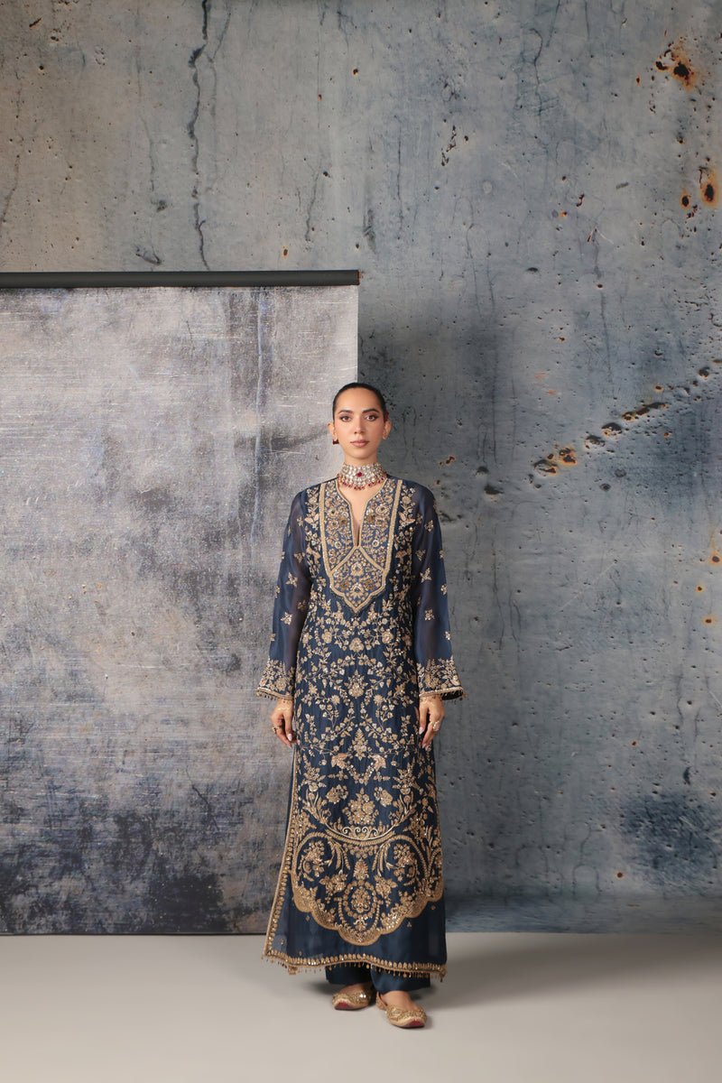 Zar-Rang Blue Long Jaal Kurta Set organza, silk tencel kurta/kurta set by Niti Bothra in blue for women Worldwide
