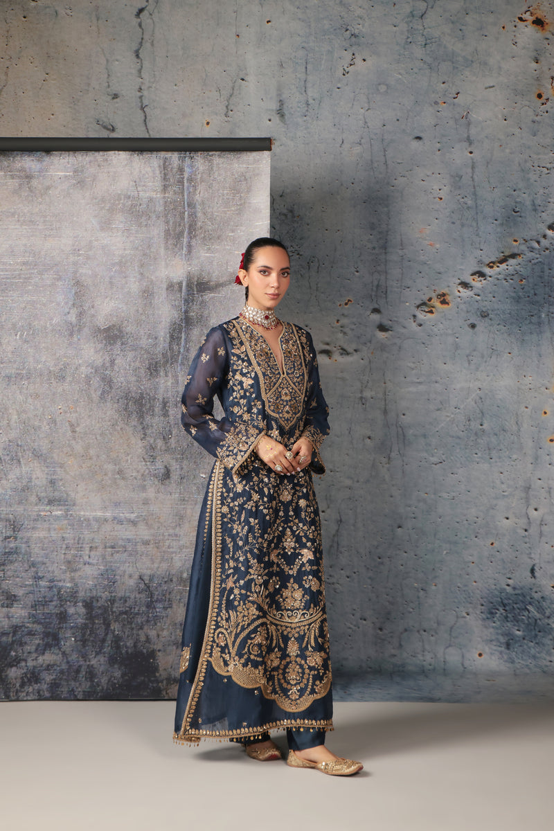 Zar-Rang Blue Long Jaal Kurta Set organza, silk tencel kurta/kurta set by Niti Bothra in blue for women Worldwide