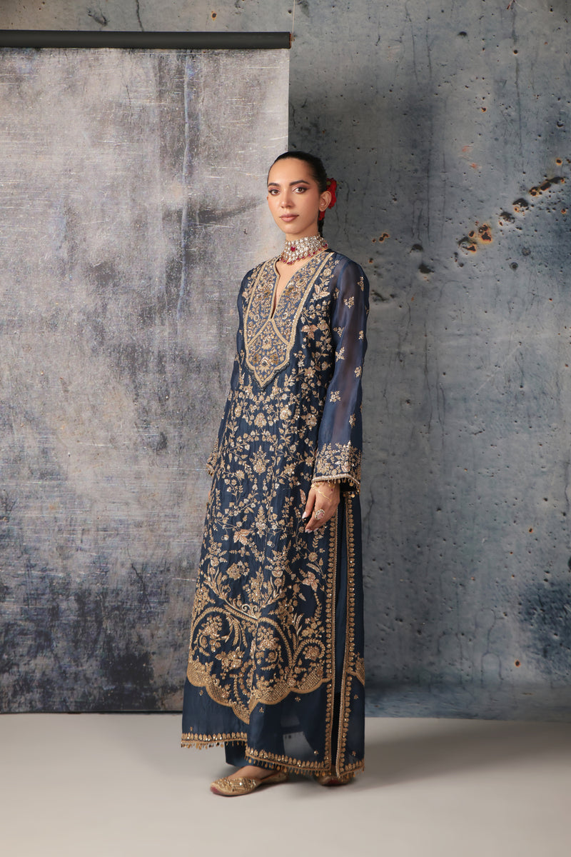 Zar-Rang Blue Long Jaal Kurta Set organza, silk tencel kurta/kurta set by Niti Bothra in blue for women Worldwide