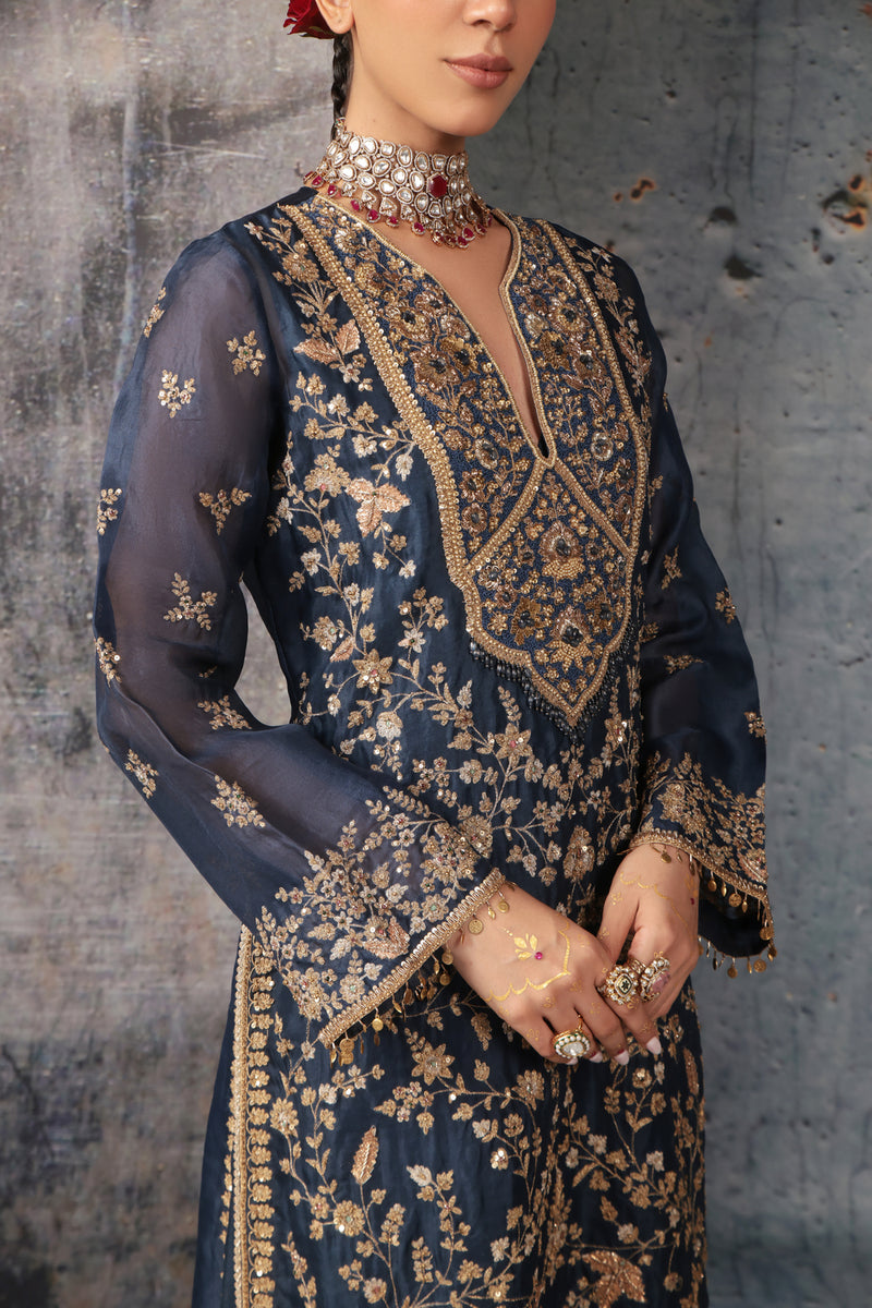 Zar-Rang Blue Long Jaal Kurta Set organza, silk tencel kurta/kurta set by Niti Bothra in blue for women Worldwide