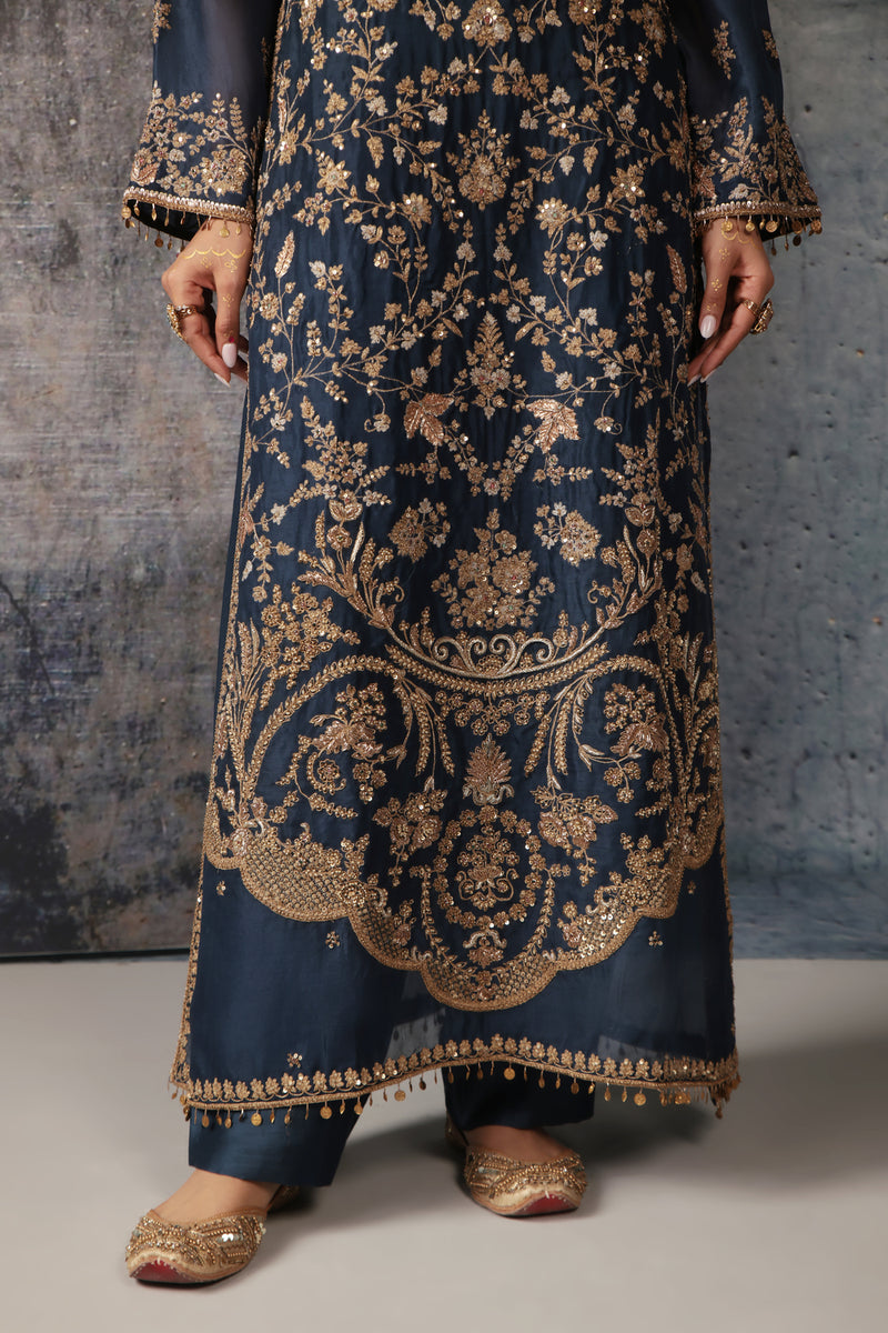 Zar-Rang Blue Long Jaal Kurta Set organza, silk tencel kurta/kurta set by Niti Bothra in blue for women Worldwide