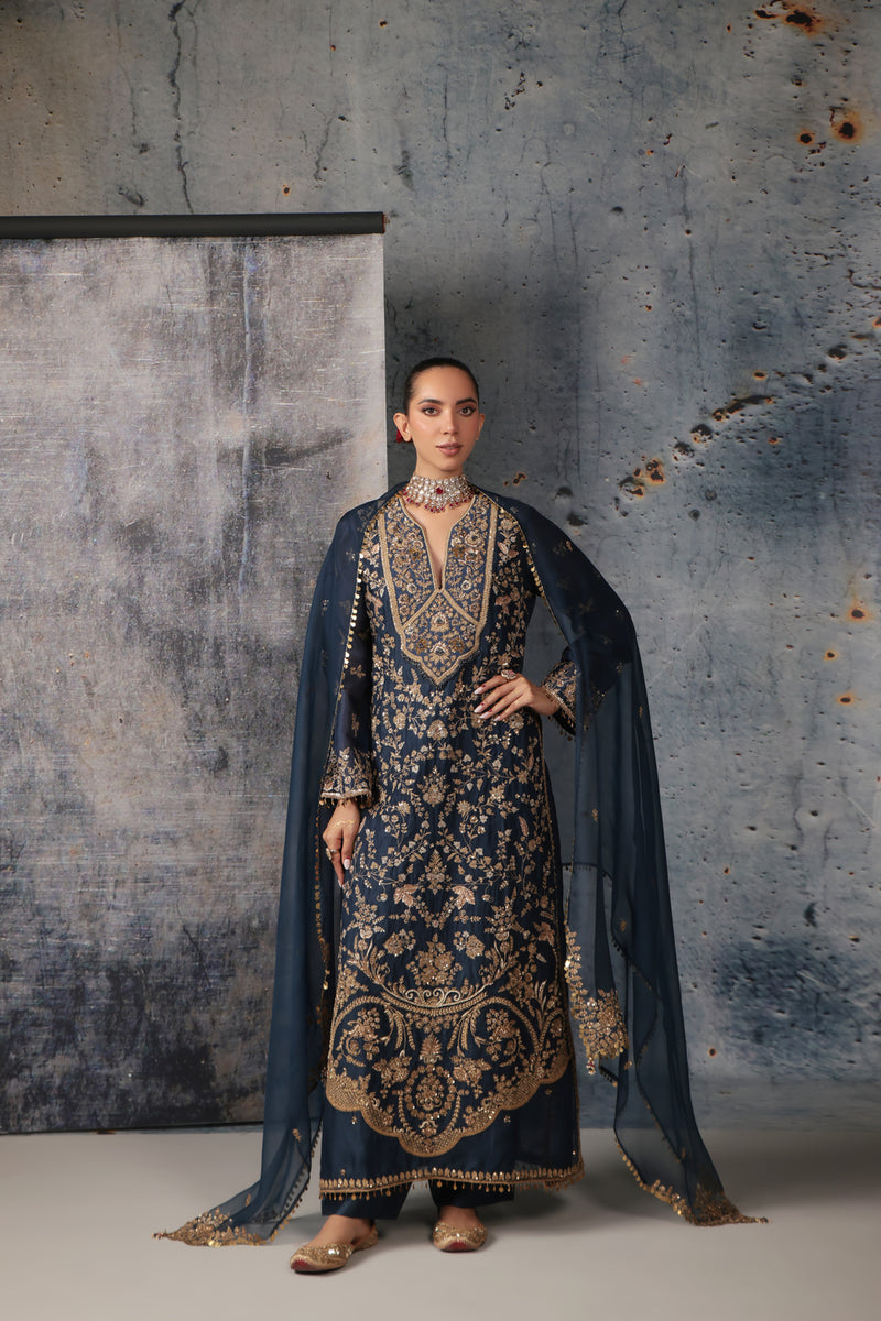 Zar-Rang Blue Long Jaal Kurta Set organza, silk tencel kurta/kurta set by Niti Bothra in blue for women Worldwide