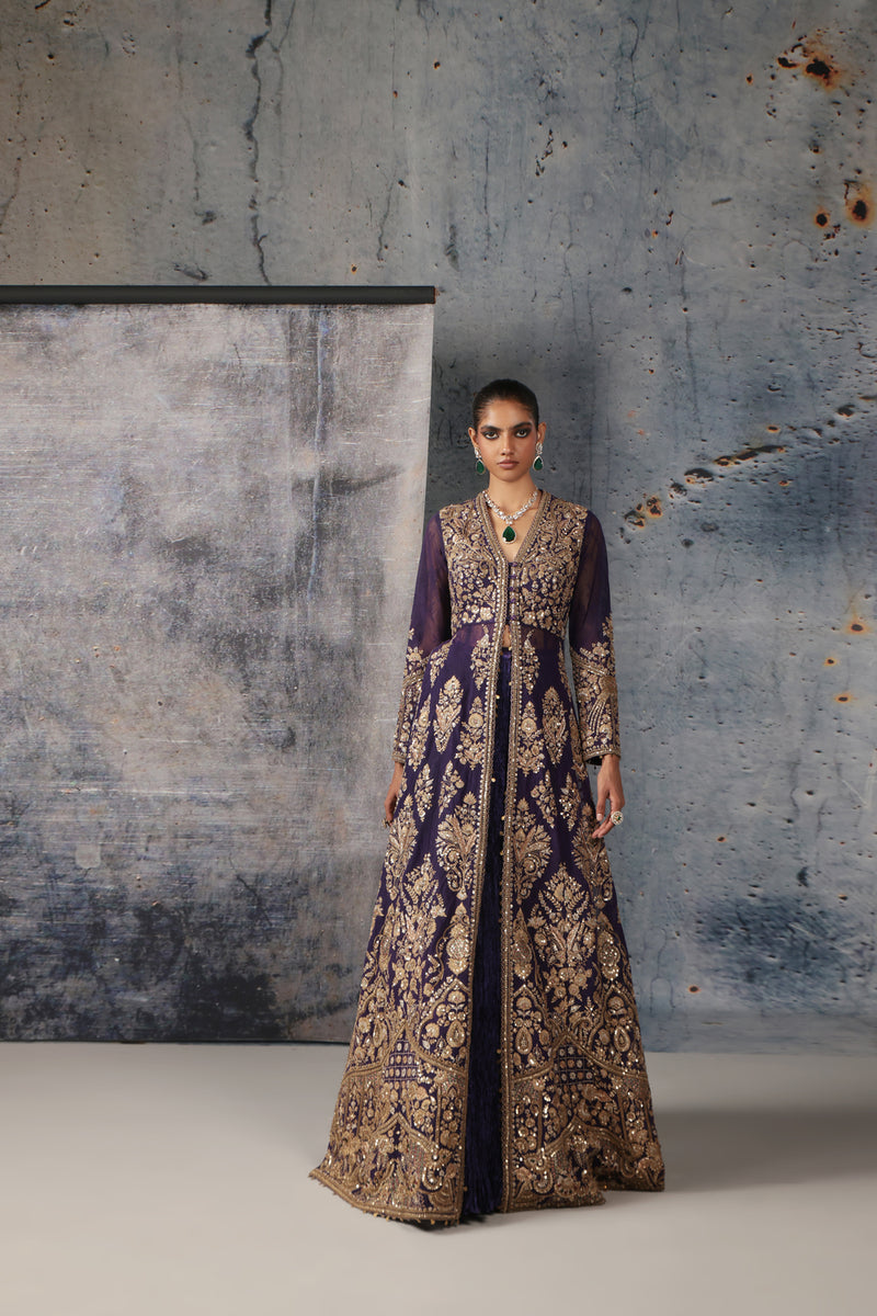 Zar-Rang Purple Jacket Lehenga Set kora silk, net lehenga sets by Niti Bothra in purple for women Worldwide