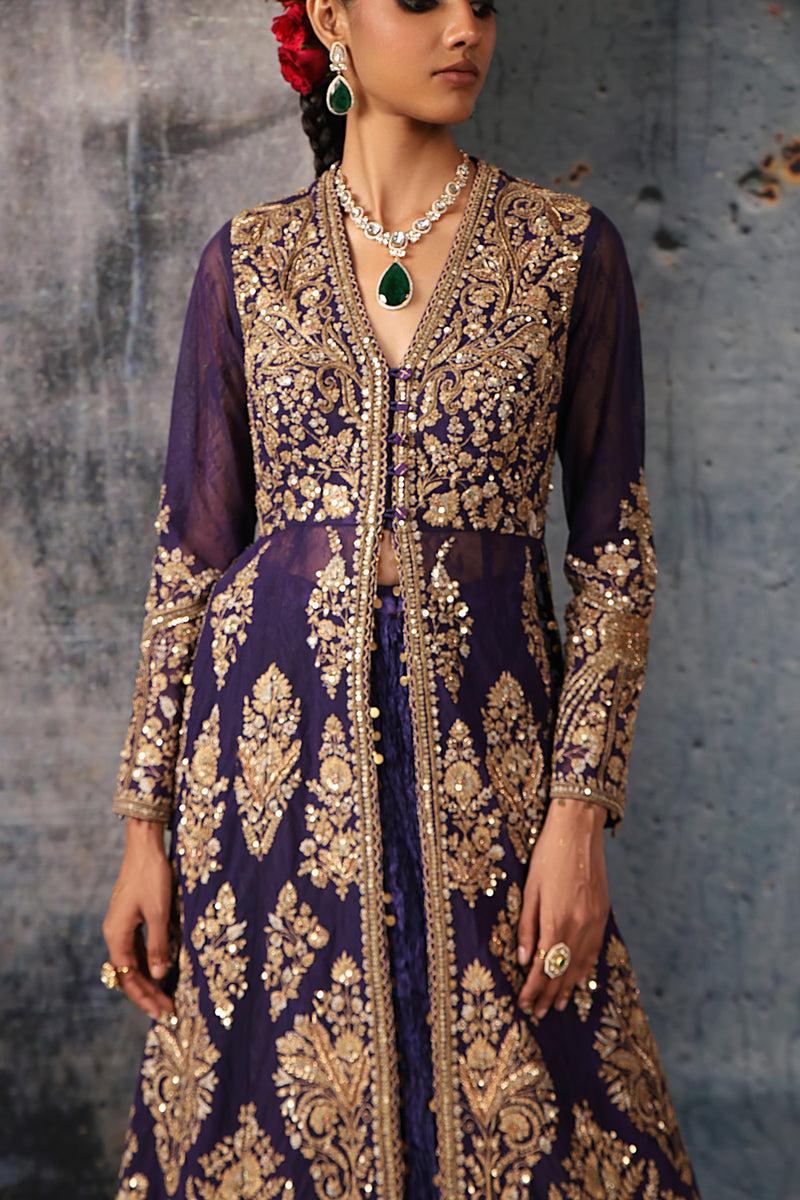 Zar-Rang Purple Jacket Lehenga Set kora silk, net lehenga sets by Niti Bothra in purple for women Worldwide