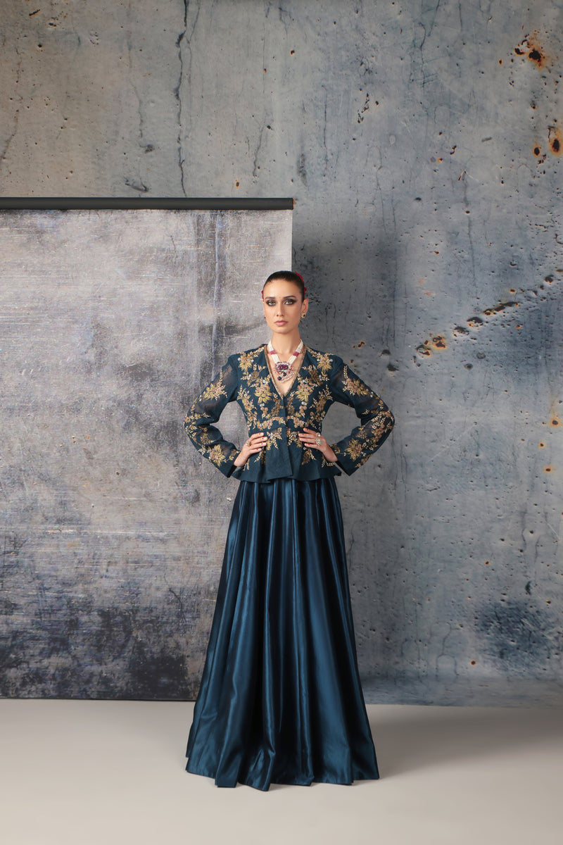 Zeh-Rang Blue Peplum Lehenga Set kora silk, net lehenga sets by Niti Bothra in blue for women Worldwide