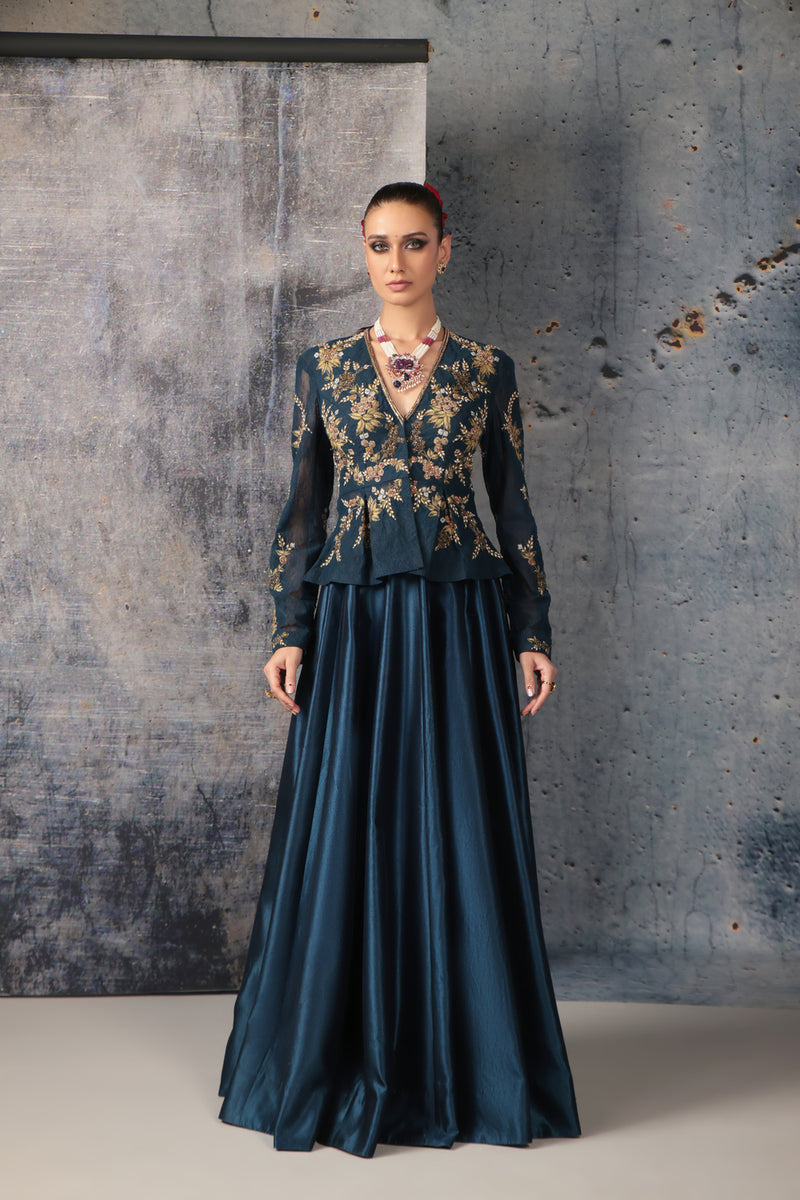 Zeh-Rang Blue Peplum Lehenga Set kora silk, net lehenga sets by Niti Bothra in blue for women Worldwide