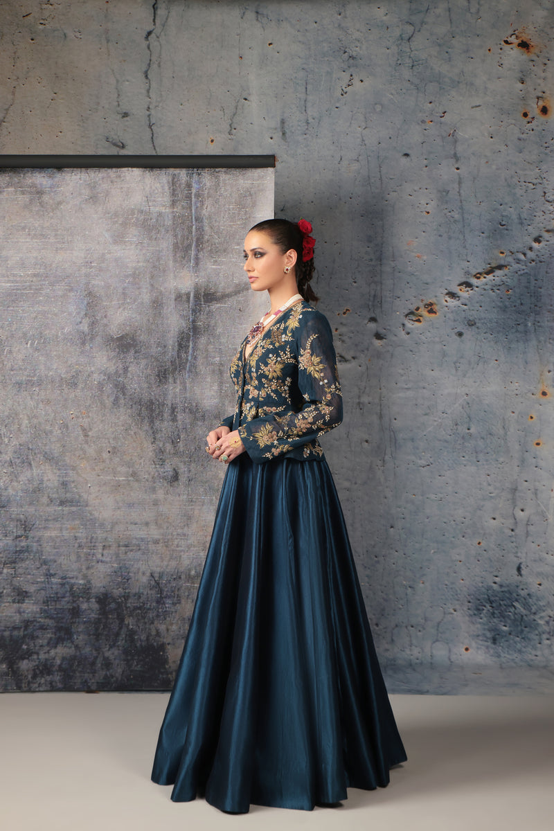 Zeh-Rang Blue Peplum Lehenga Set kora silk, net lehenga sets by Niti Bothra in blue for women Worldwide