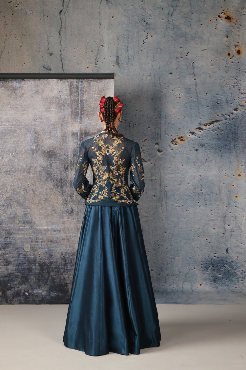 Zeh-Rang Blue Peplum Lehenga Set kora silk, net lehenga sets by Niti Bothra in blue for women Worldwide