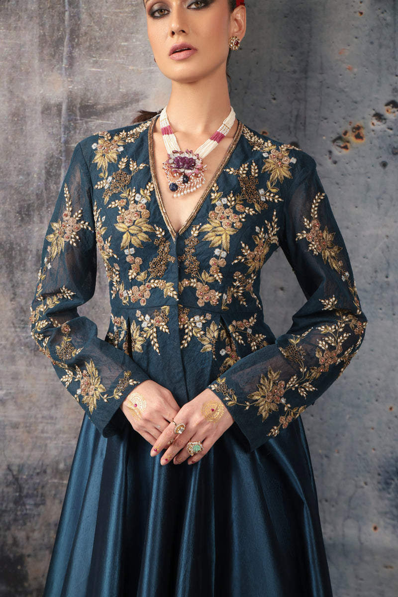 Zeh-Rang Blue Peplum Lehenga Set kora silk, net lehenga sets by Niti Bothra in blue for women Worldwide