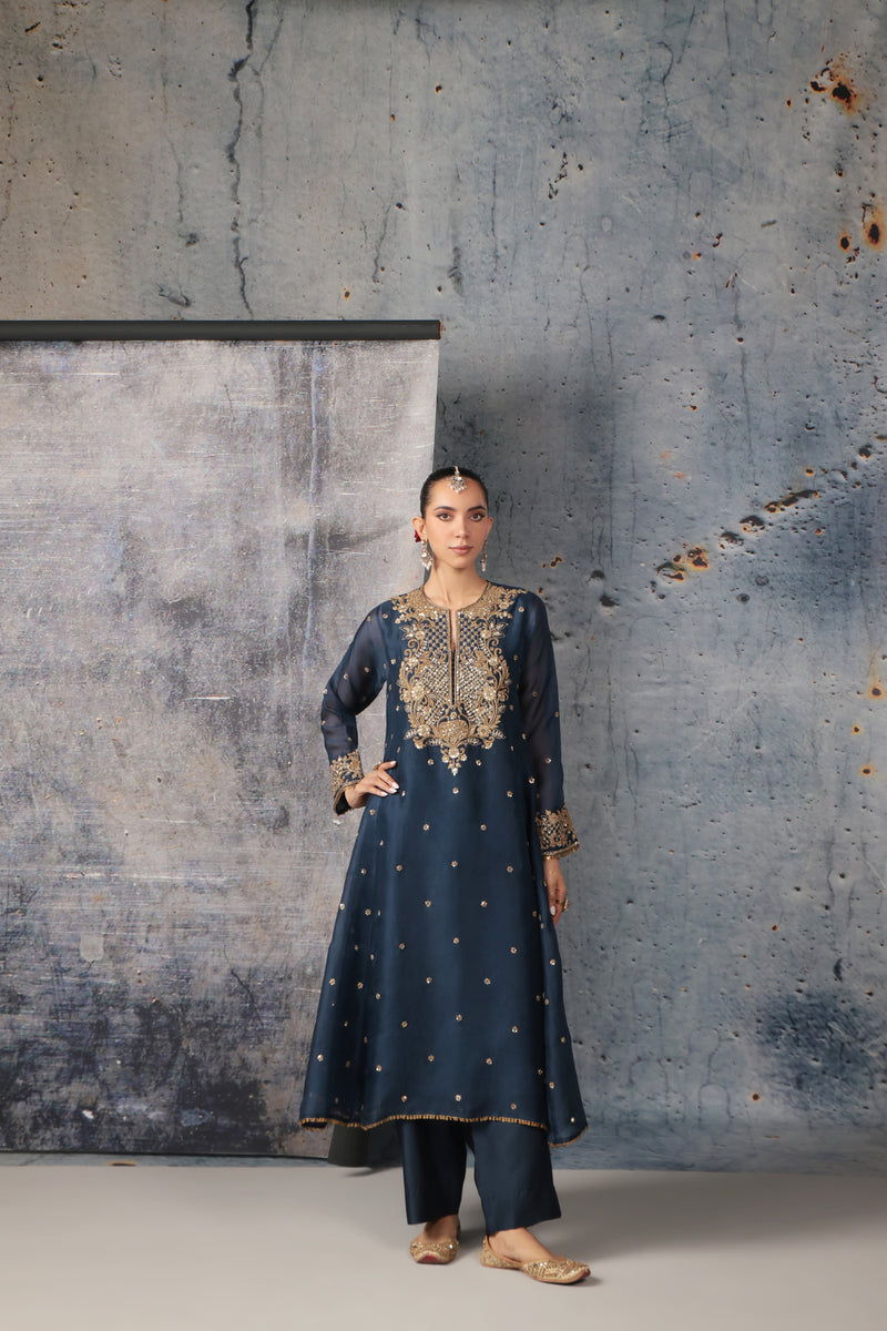 Zar-Rang Blue Long Pheran Kurta Set organza, silk tencel kurta/kurta set by Niti Bothra in blue for women Worldwide
