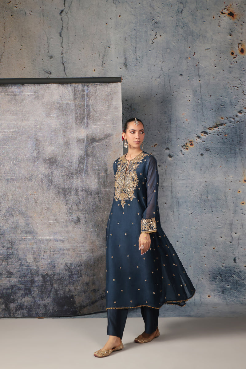 Zar-Rang Blue Long Pheran Kurta Set organza, silk tencel kurta/kurta set by Niti Bothra in blue for women Worldwide