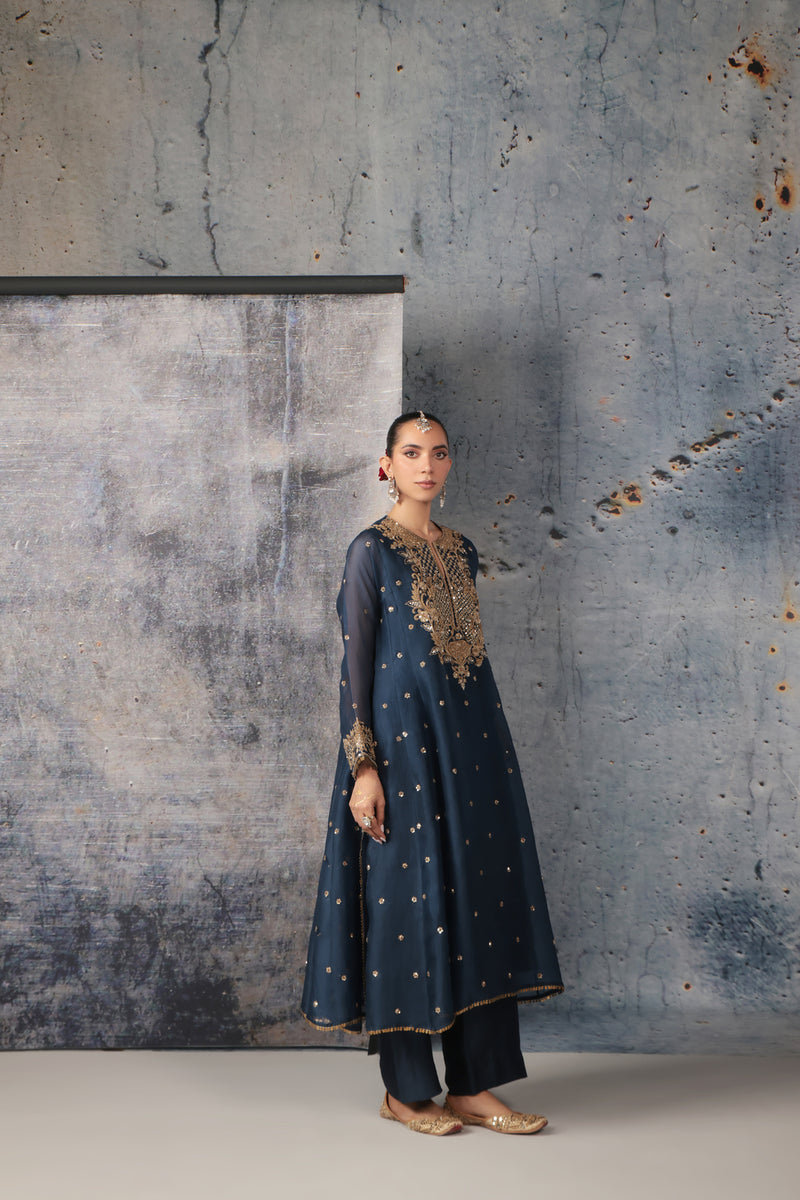 Zar-Rang Blue Long Pheran Kurta Set organza, silk tencel kurta/kurta set by Niti Bothra in blue for women Worldwide