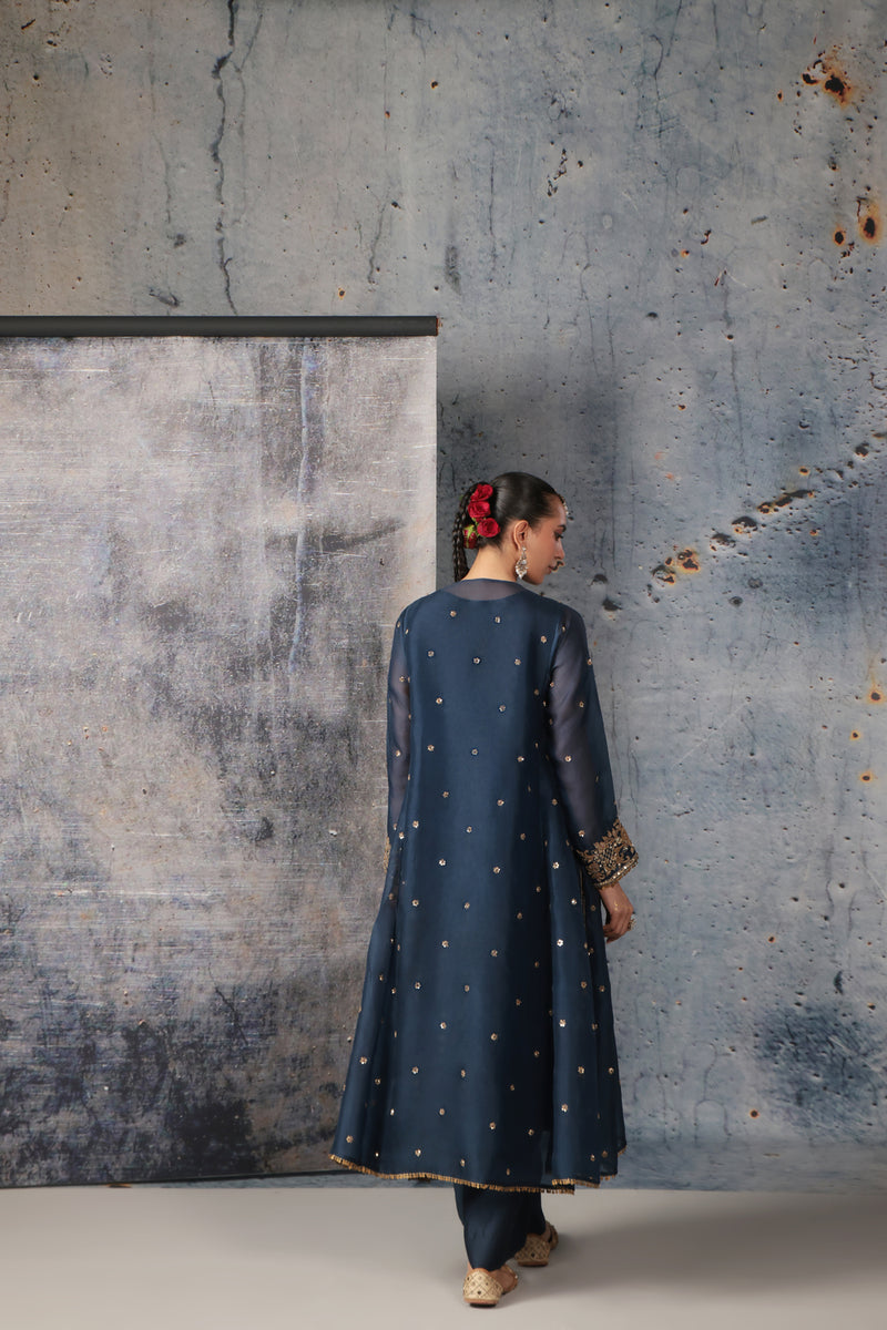 Zar-Rang Blue Long Pheran Kurta Set organza, silk tencel kurta/kurta set by Niti Bothra in blue for women Worldwide