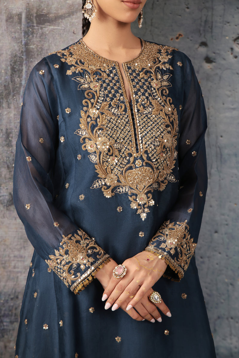 Zar-Rang Blue Long Pheran Kurta Set organza, silk tencel kurta/kurta set by Niti Bothra in blue for women Worldwide