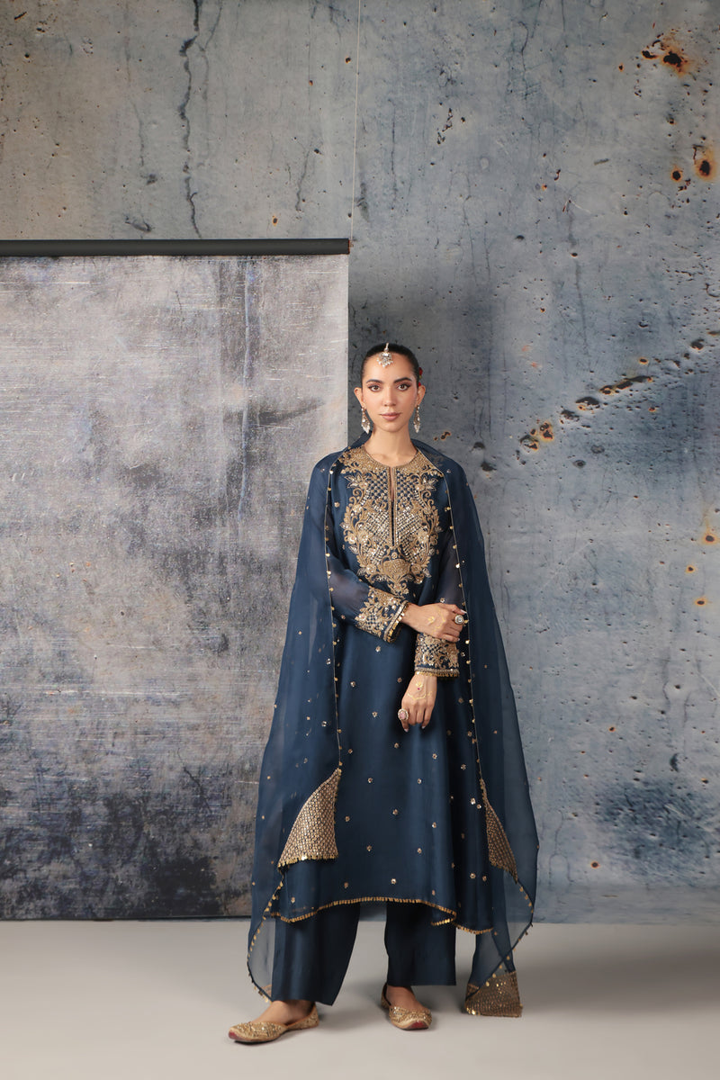 Zar-Rang Blue Long Pheran Kurta Set organza, silk tencel kurta/kurta set by Niti Bothra in blue for women Worldwide