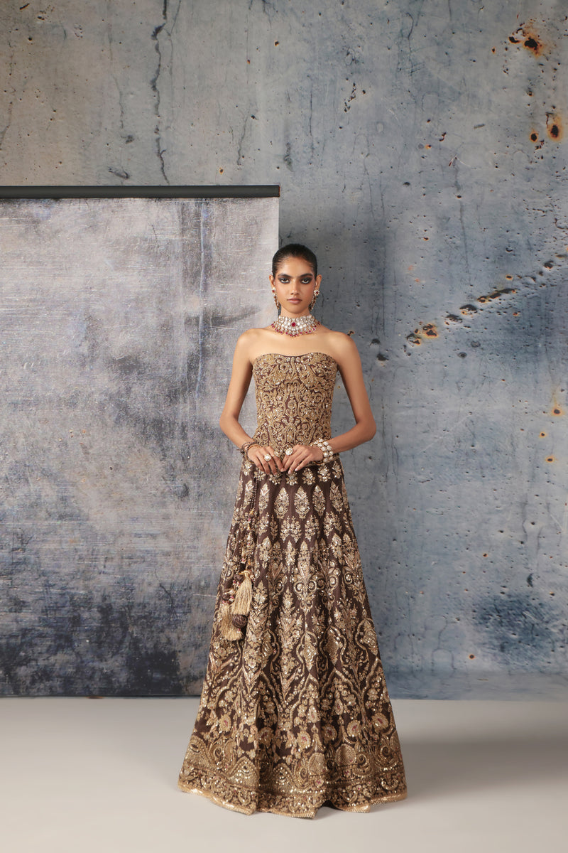 Zar-Rang Brown Corset Lehenga Set organza lehenga sets by Niti Bothra in brown for women Worldwide