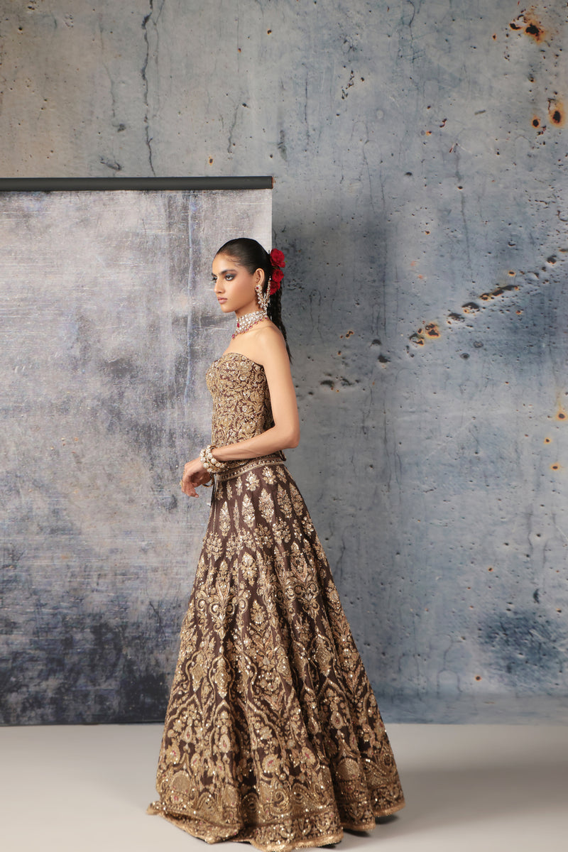 Zar-Rang Brown Corset Lehenga Set organza lehenga sets by Niti Bothra in brown for women Worldwide