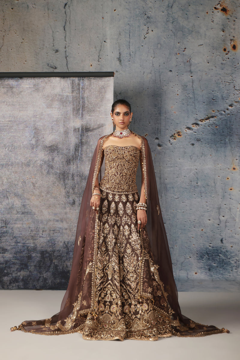 Zar-Rang Brown Corset Lehenga Set organza lehenga sets by Niti Bothra in brown for women Worldwide