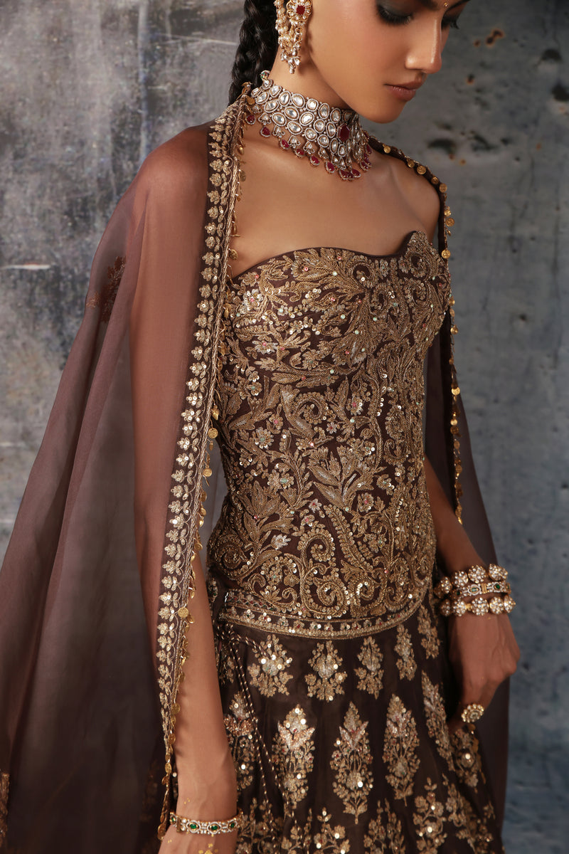 Zar-Rang Brown Corset Lehenga Set organza lehenga sets by Niti Bothra in brown for women Worldwide