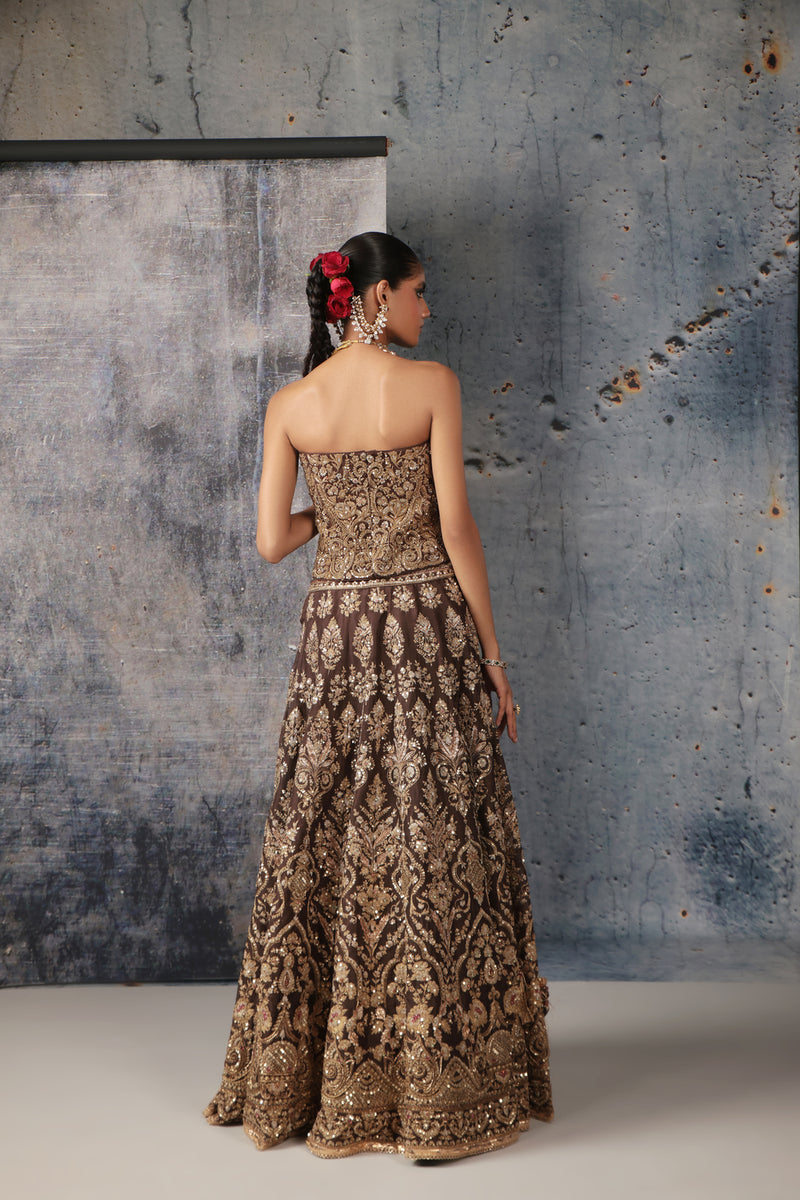 Zar-Rang Brown Corset Lehenga Set organza lehenga sets by Niti Bothra in brown for women Worldwide