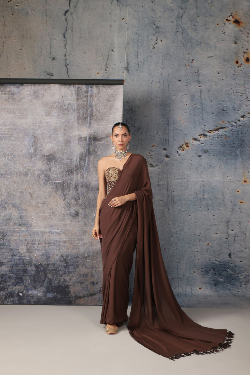 Zar-Rang Brown Corset Saree Set bemberg satin sarees by Niti Bothra in brown for women Worldwide