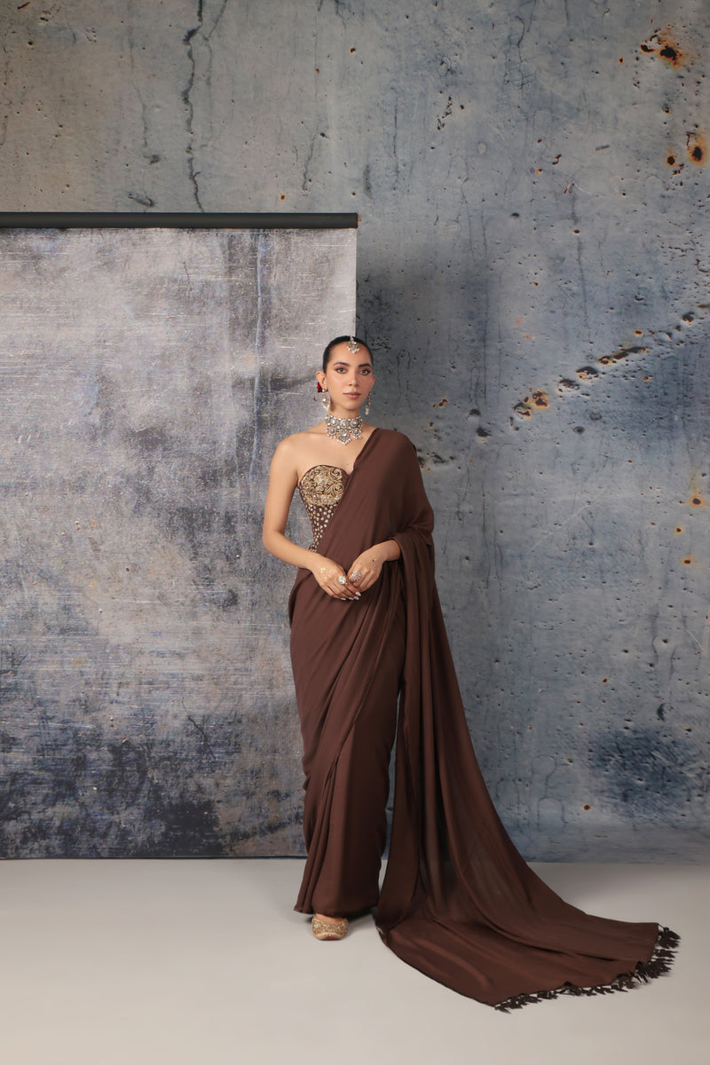 Zar-Rang Brown Corset Saree Set bemberg satin sarees by Niti Bothra in brown for women Worldwide